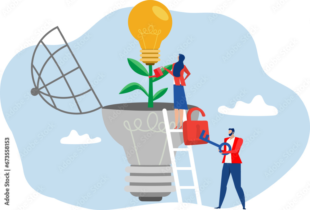 growth mindset concept. Girl with watering can waters lightbulb,with ...