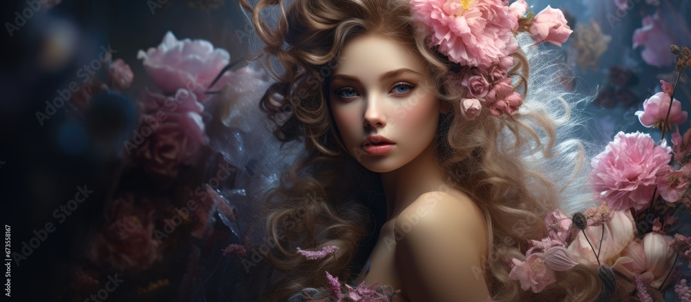 The Beautiful Fairy adorned with a wreath of flowers and enchanting pink lips is captured in an artistically manipulated photograph that exudes a magical ambiance