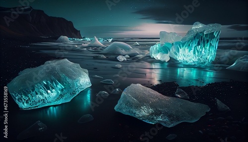 AI generated illustration of illuminated icebergs in the cold ocean water at night
