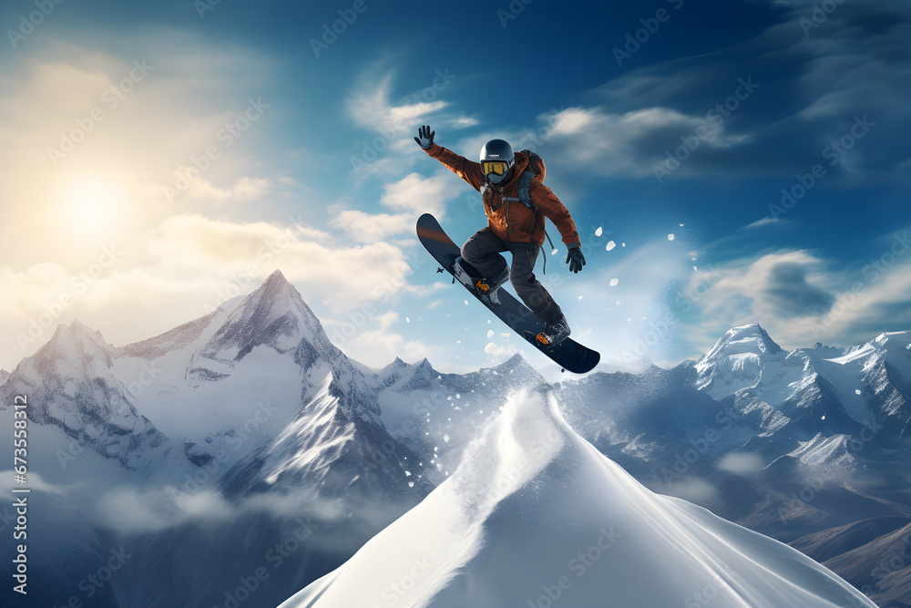 Snowboarder on the slope performing spectacular jumping on snow mountain, extreme sport Snowboarder on the slope performing spectacular jumping on snow mountain, extreme sport