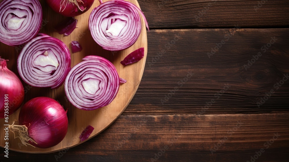 some red onions on a cutting board over wooden surface with one half cut up some red onions on a cutting board over wooden surface with one half cut up