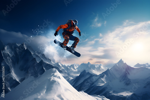Snowboarder on the slope performing spectacular jumping on snow mountain, extreme sport