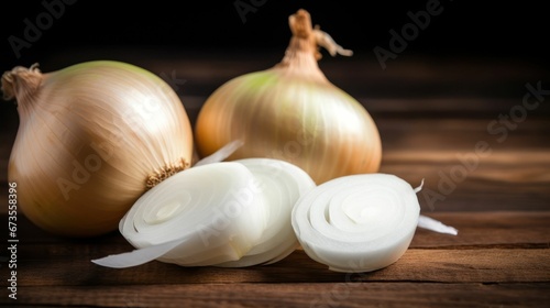 three onions are still on the table with the sliced one