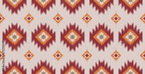 Ethnic ikat pattern in red, orange and beige. Vector seamless fabric pattern design for cross stitch, clothing, embroidery, wallpaper, knitting, quilt, carpet.
