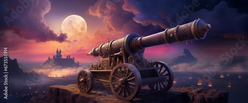 Ramadan Concept - Ramadan kareem cannon with crescent - Night sky with moon in the clouds at sunset photo