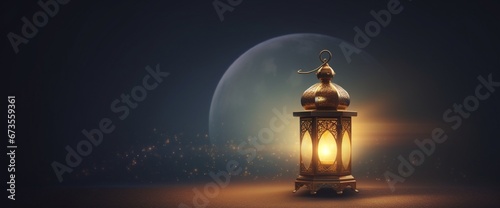 Ramadan kareem greeting card and islamic background, gold lantern and cresent moon illustration photo