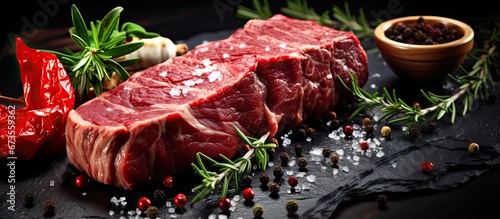 Raw steaks Barbecued Rib Eye Dry Aged Wagyu Entrecote and various cuts of Raw Black Angus Prime meat such as Machete Striploin Rib eye and Tenderloin fillet mignon photo