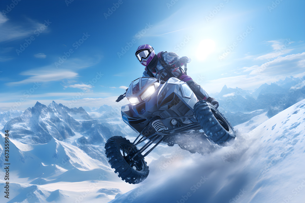 Snowmobile rider jumping in the air performing spectacular on snow mountain, extreme sport Snowmobile rider jumping in the air performing spectacular on snow mountain, extreme sport