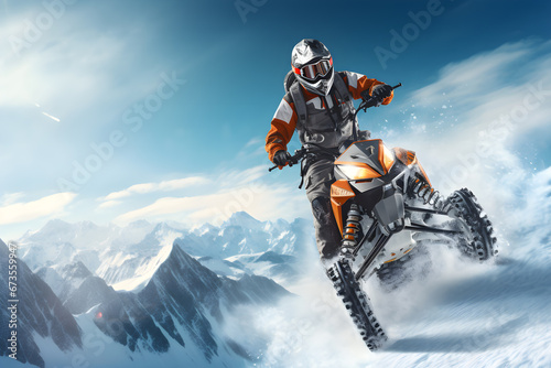 Snowmobile rider performing spectacular on top snow mountain, extreme sport