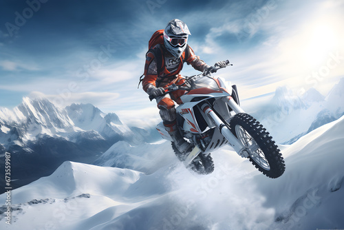 Motocross rider jumping in the air performing spectacular on snow mountain, extreme sport