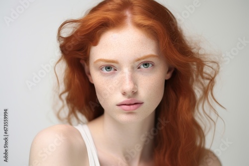 Beautiful redhead girl with freckles on her face. Studio shot.