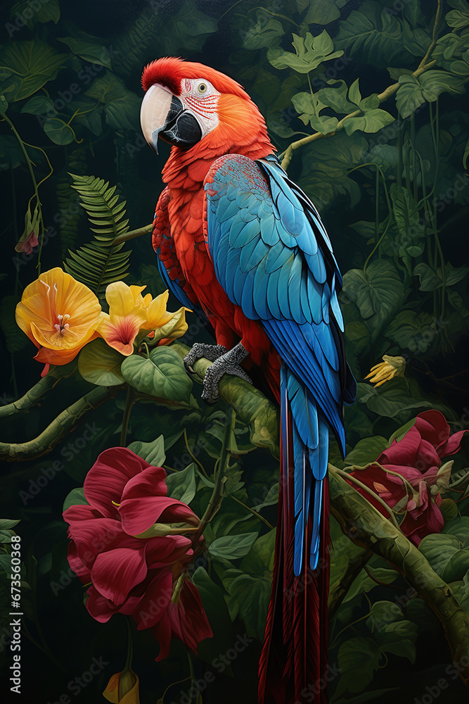 Fototapeta premium Image of a macaw parrot and beautiful flowers in the forest, Bird, Wildlife Animals.