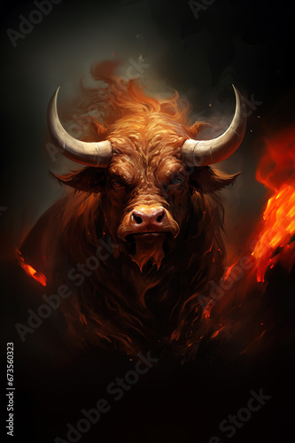 Image of an angry bull head with a burning fire on black background. Wildlife Animals.