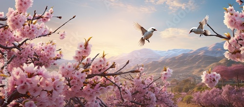 A flourishing orchard in the spring adorned with blossoming almond tree branches showcasing soft white and pink flowers A garden in the season of spring with pigeons soaring through the sky