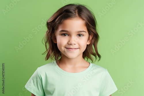 cute little girl in green t-shirt smiling at camera over green background © Loli