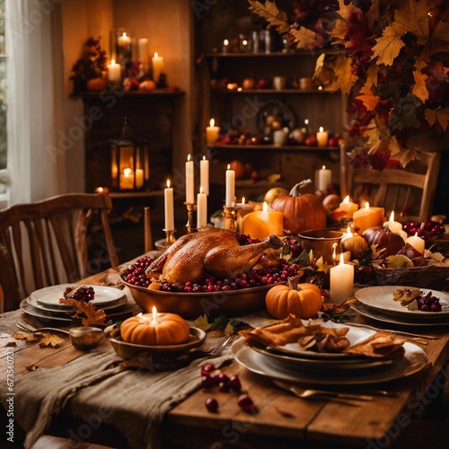 a thanksgiving table set with white candles and fresh turkey on it