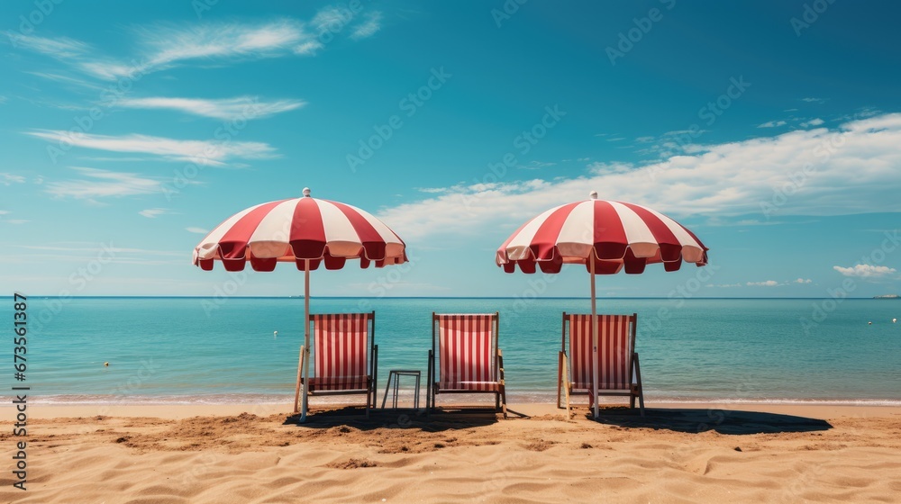 Red chairs with umbrella on beach