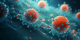 Close up macro details of red blue microbes molecules virus bacteria Coronavirus ,virus in the microscope