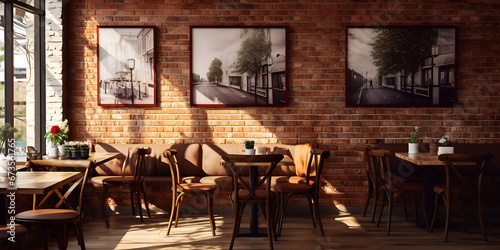 Cafe Vibes: A Restaurant with Brick Wall and Charming Cafe Sign,AI Generative  photo