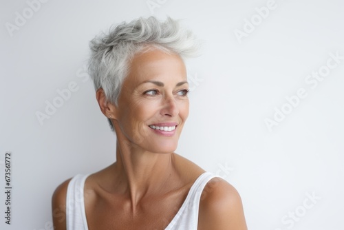 Portrait of a beautiful mature woman with short grey hair. Isolated on white background.