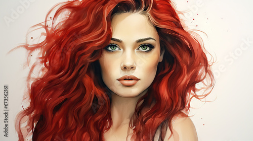 Portrait of a woman, watercolor, model, beauty, closeup, wavy red hair