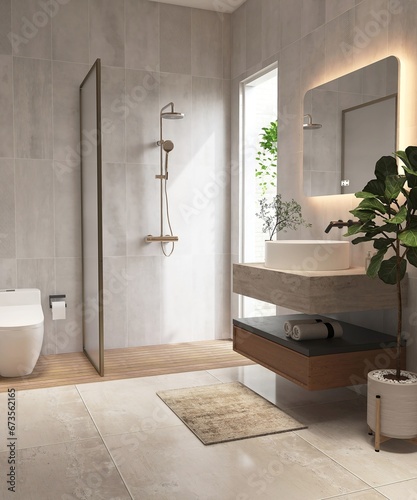 Luxury bathroom with bathtub, reeded glass partition, vanity counter, washbasin in sunlight from window on marble floor, white tile wall. Interior design decoration, toiletries product background 3D