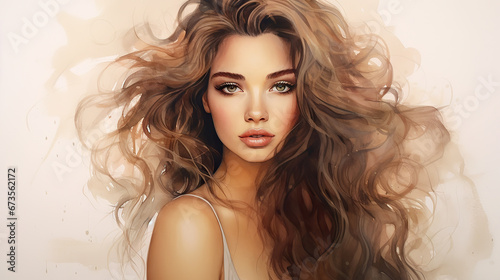 Portrait of a woman, watercolor, model, beauty, closeup, long brown hair, wavy hair, brunette