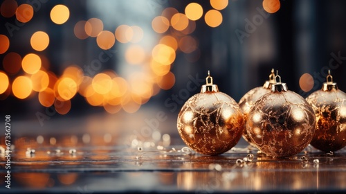 Web banner with Christmas tree baubles and blurred shiny bokeh light