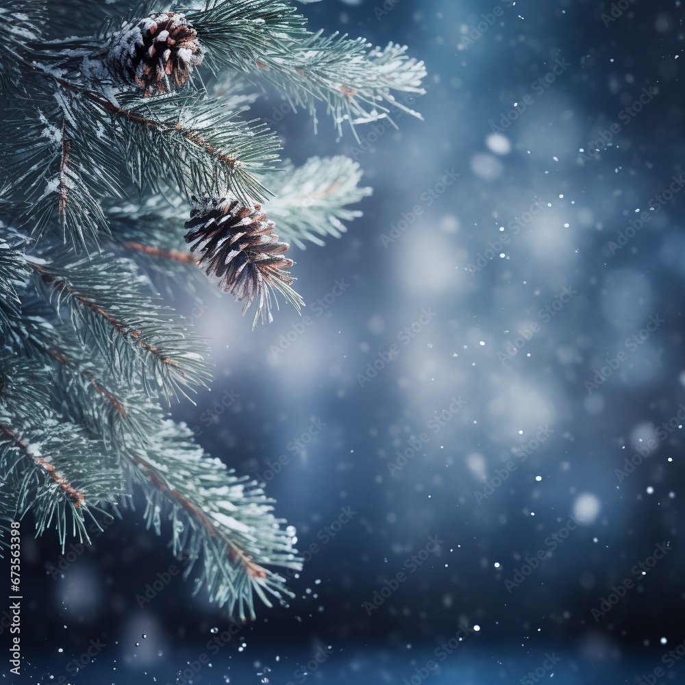 Pine branches on winter background