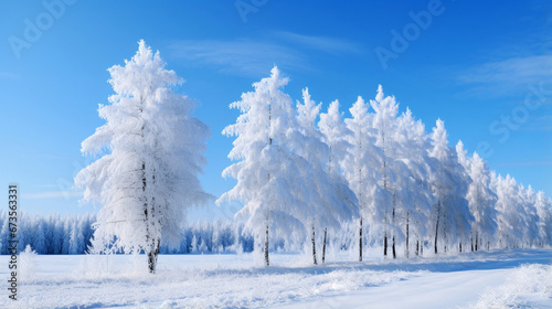 冬の風景、空と雪の積もる木、自然の景色 © tota