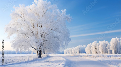 冬の風景、空と雪の積もる木、自然の景色