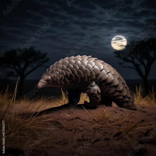 AI generated illustration of A vibrant Ground pangolin at night with full moon