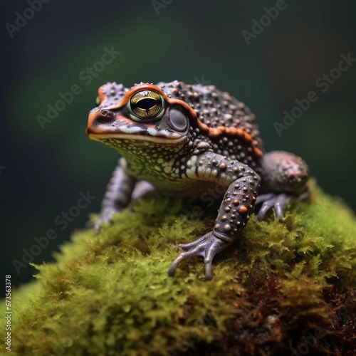 AI generated illustration of A small black and yellow frog  perched atop a green moss