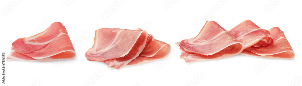 Delicious sliced jamon isolated on white, set Delicious sliced jamon isolated on white, set