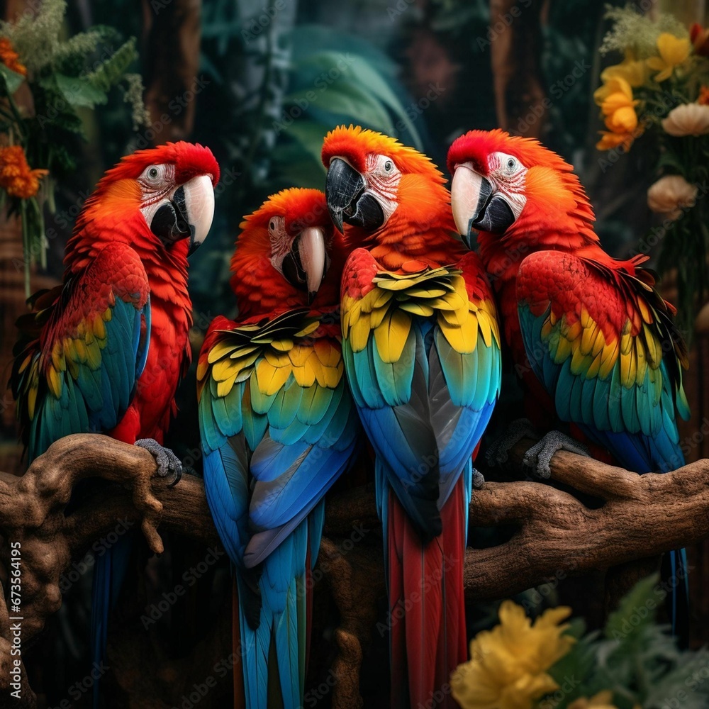 AI generated illustration of tropical macaw parrots in a green jungle