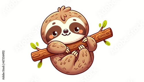 Delightful and Endearing Sloth Character Clinging to a Branch with Lush Leaves, Illustrated in a Heartwarming Cartoon Style