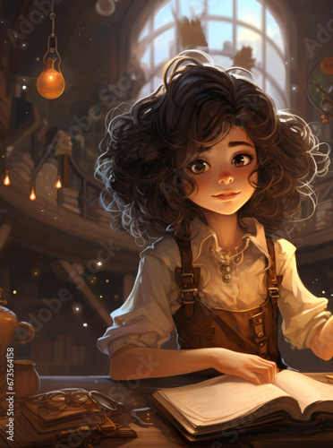A girl illustration sitting at a table with an open book