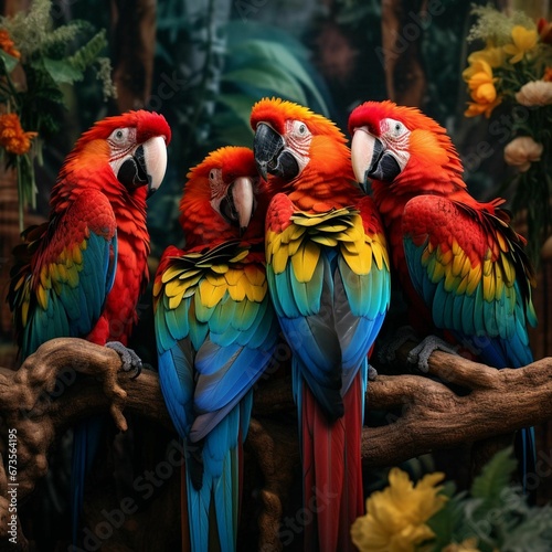 AI generated illustration of tropical macaw parrots in a green jungle © Wirestock
