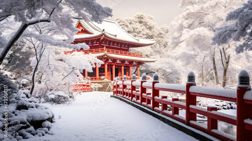 雪と寺、日本的なお寺の冬の風景