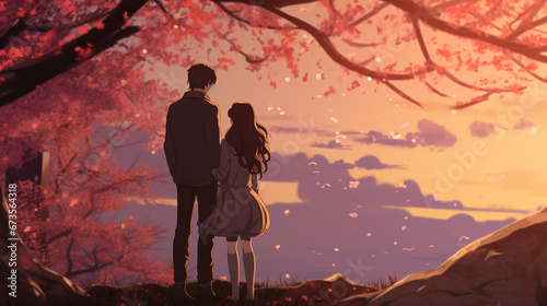 An anime style illustration of man and a woman couple standing in front of a tree