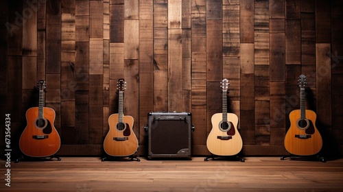 acoustic guitar, Panorama of acoustic wooden panels on a rustic wood board backdrop, acoustic solutions, interior acoustic design