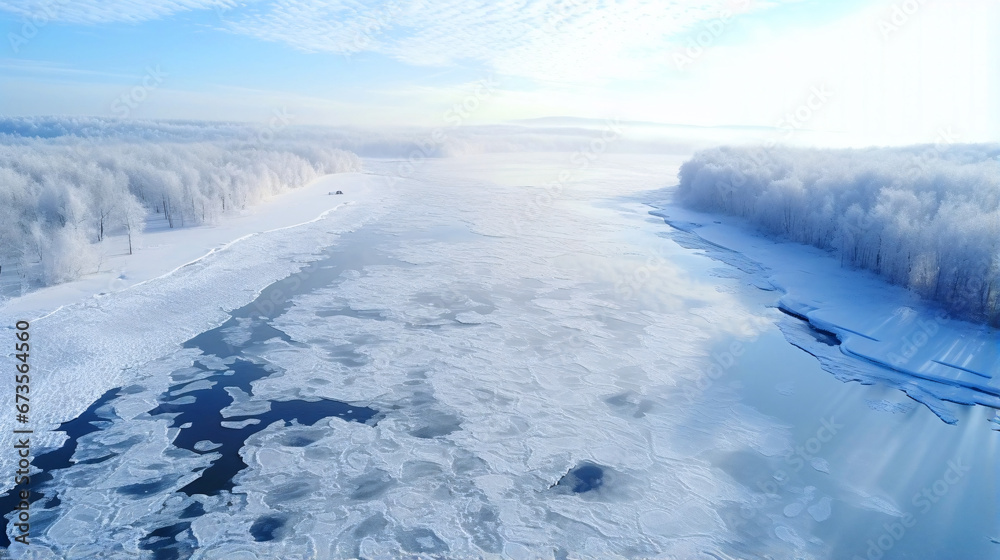 Obraz premium 冬の風景、凍った川の雪景色、空撮