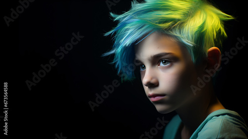 A young boy with green and yellow hair on a black background