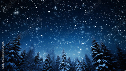 冬の夜の森、夜空の星と雪景色の自然風景