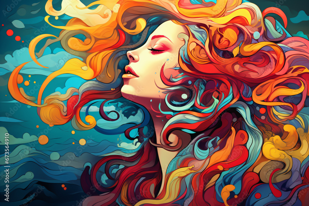 A vibrant painting of a woman with colorful swirling hair