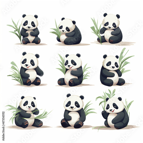 Panda bears drawing sitting on the ground eating a bamboo leaf on a white background