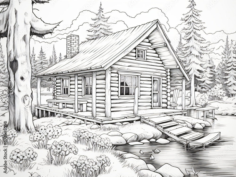 A drawing of a log cabin in the woods on a white background