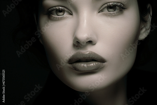 A black and white close up portrait of a beautiful woman on a dark background
