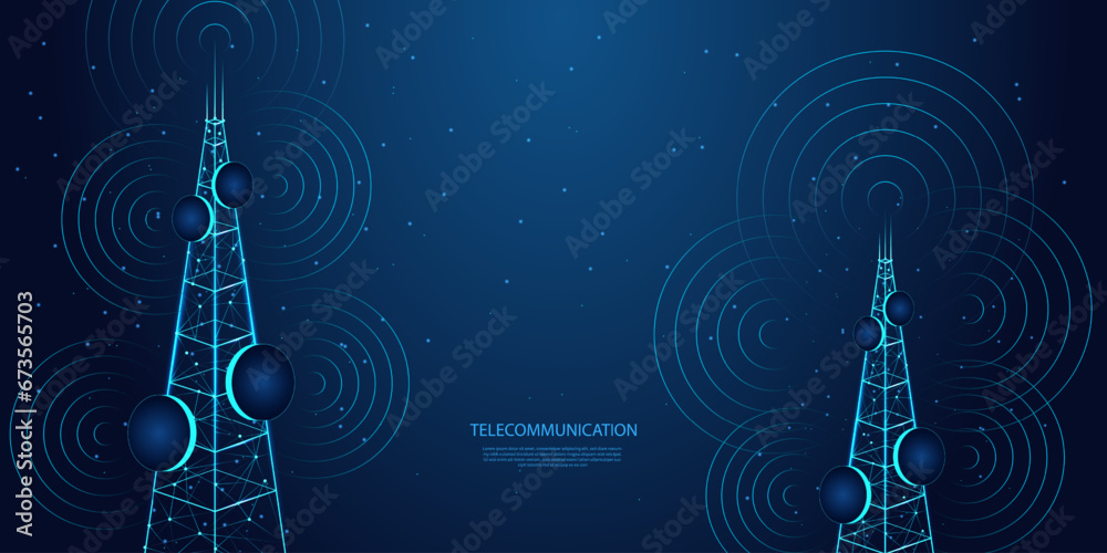 Abstract 3d antenna. polygonal antenna signal receiver concept in dark blue background. Low poly wireframe style technology background. - obrazy, fototapety, plakaty 