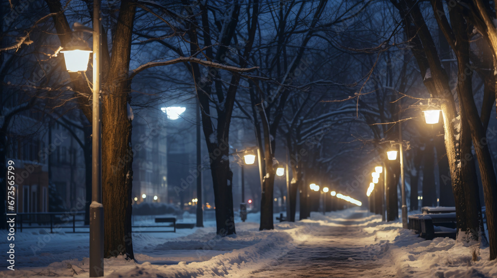 冬の夜の道、雪が積もった歩道の風景 冬の夜の道、雪が積もった歩道の風景